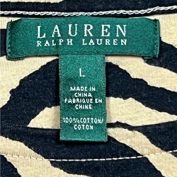 Lauren Ralph Lauren Women's Woven Cotton Black & Beige Tiger Stripe Tee, Size L - Picture 3 of 7